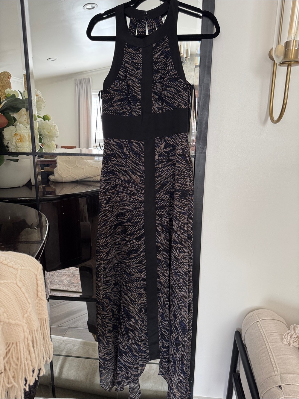 BCBGMaxAzria Black and Taupe Patterned Halter Maxi Dress